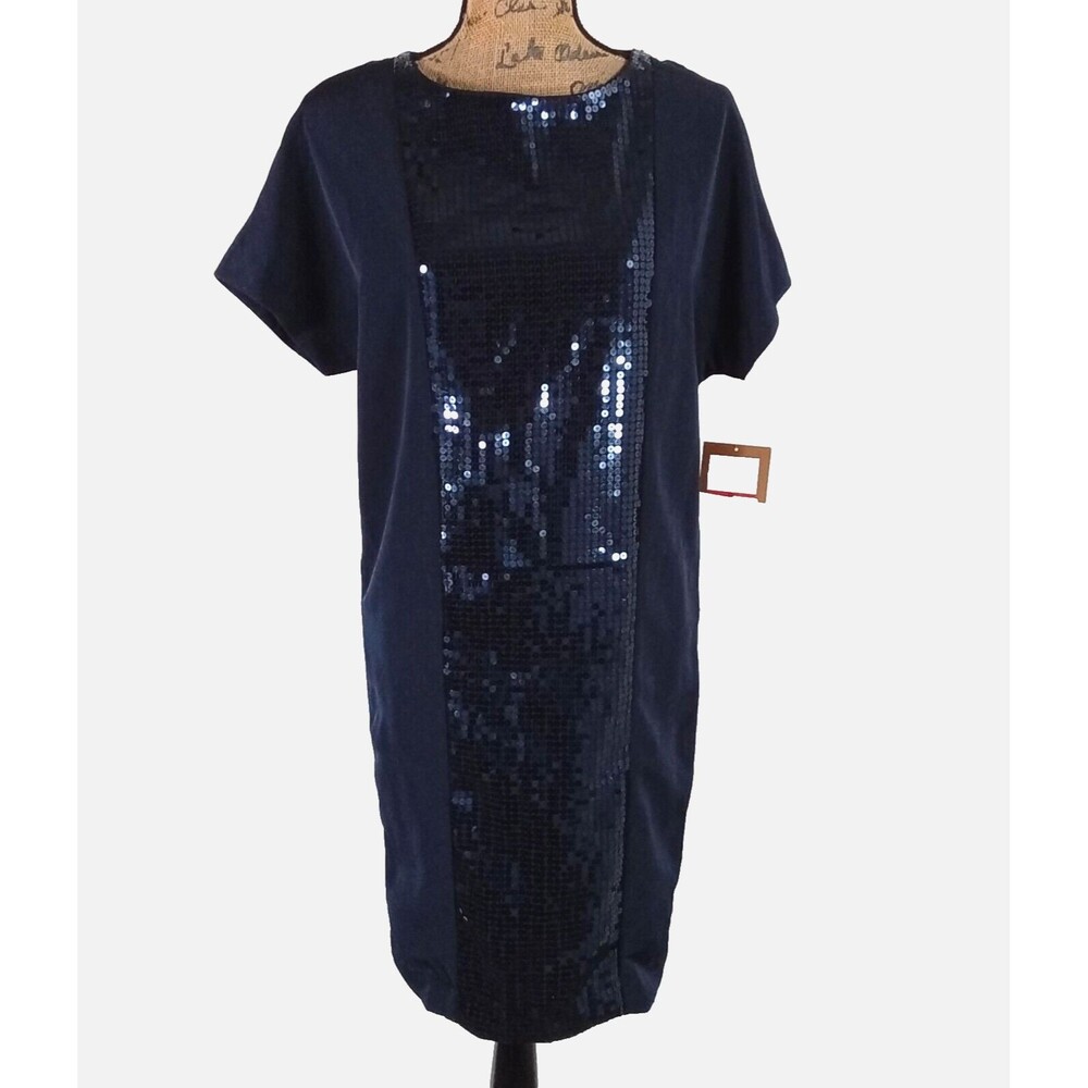 Ellen Tracy Dress XS Navy Blue Sheath Sequin Block Cap Sleeve Zip Career NEW
